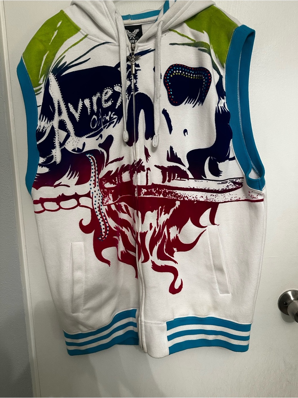 Avirex White Hoodie with Teal Stripe Accents